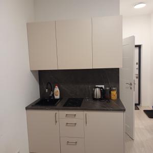 a kitchen with white cabinets and a black counter top at VilniusCentralSpot in Vilnius