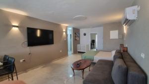 a living room with a couch and a bed and a television at דירת נופש לב ים in Tiberias