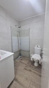 a bathroom with a toilet and a shower in it at דירת נופש לב ים in Tiberias +23 photos