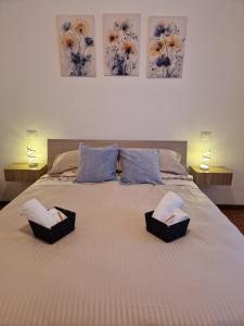 a bedroom with a bed with two baskets on it at Daisy, cozy apartment in como in Como