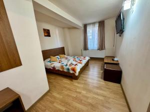 a small room with a bed and a television at Pensiunea Paco in Cluj-Napoca