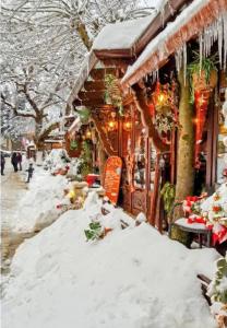 a street covered in snow with a building at G&J Traditional House in Elati Trikalon