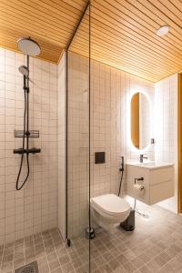 a bathroom with a shower and a toilet and a sink at Utsun Gielas A5 Visit Levi in Levi +19 photos