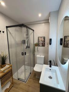 a bathroom with a shower and a toilet and a sink at Refugio del Mar Primera linea a estrenar in Algarrobo-Costa