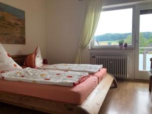 two beds in a room with a large window at Ferienhof Christmann in Mossautal +11 photos