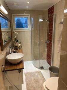ein Badezimmer mit Dusche, Waschbecken und Badewanne in der Unterkunft Wonderful townhouse 214 m2 close to outdoor areas in Helsinki + 17 Fotos