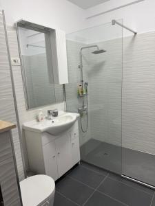 a bathroom with a toilet and a sink and a shower at La Lumina in Lumina +2 photos