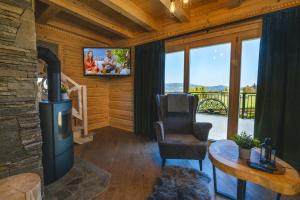 a living room with a fireplace and a tv at Widokowa Chata Istebna Trójwieś in Istebna