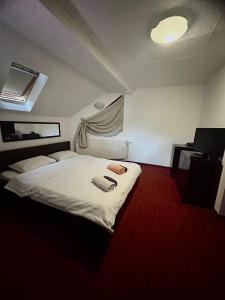 a bedroom with a white bed with a red carpet at Hotel B dracula in Bran