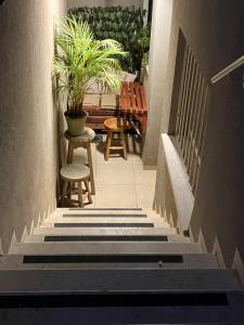 a stairway with chairs and potted plants on it at Cosy & Calm Central Getaway Modern Guest Suite by Midrachov 1 Queen Bed in Zikhron Ya‘aqov +26 photos