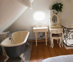 a bathroom with a sink and a bath tub and a sink at Maison d'hôtes La Danasha in Viglain +42 photos