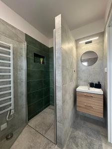 a bathroom with a shower and a sink at Chata Mšené-lázně - Vrbice in Loucká