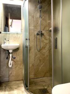 a bathroom with a shower and a sink at Archontiko Kantilis in Díon