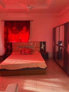 a red bedroom with a bed with a red curtain at Apartment Brusubi in Mbarra Kunku