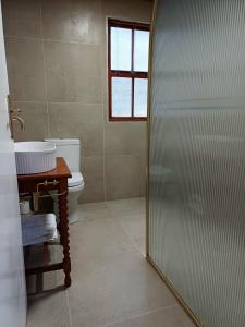 a bathroom with a shower and a toilet and a mirror at Point Village Accommodation - Sean's House in Mossel Bay +10 photos