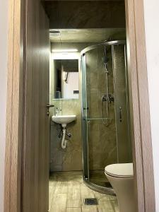 a bathroom with a shower and a toilet and a sink at Archontiko Kantilis in Díon