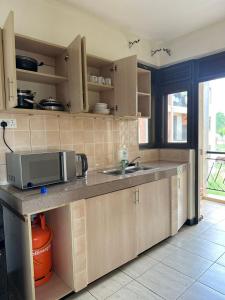 a kitchen with a sink and a microwave at Elegant and Modern Homes, 2BR unit in a secure estate near the golf course in Mbarara
