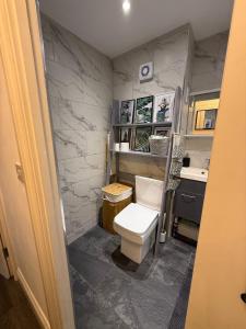 ein Badezimmer mit einer weißen Toilette und einem Waschbecken in der Unterkunft Lovely flat close to Tewkesbury town centre! in Tewkesbury