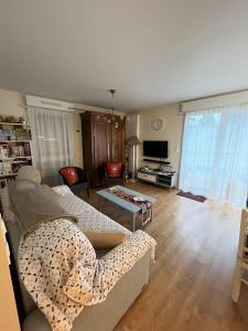 a living room with a couch and a tv at Comfort & quiet with garden in Saint-herblain in Saint-Herblain