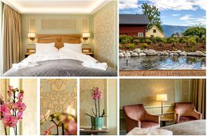 a collage of four pictures of a hotel room at Walaker Hotel in Solvorn