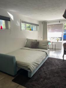 a bedroom with a bed in a room with windows at Gastensuite Eindhoven B&B Flora in Eindhoven