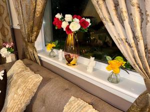 2 Bedroom Apartment - Sleeps 4 Free Parking Wifi في Pollokshaws: نافذة مع إناء من الزهور على حافة النافذة +7 صور