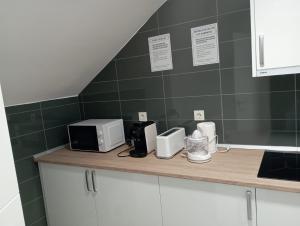 a kitchen with a counter with appliances on it at Habitaciones Algodón con baño propio in Palencia