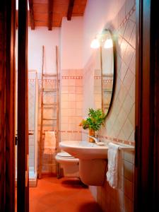 bagno con lavandino, specchio e servizi igienici di Villa Podere la Tesa a San Gimignano