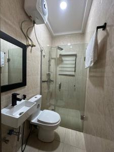 een badkamer met douche, toilet en wastafel bij Prestine Apartments in Abuja
