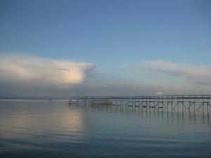 a pier on the water with a cloudy sky at Ferienhaus Ostsee in Steinberg