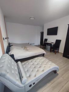 a bedroom with a bed and a chair and a desk at Siesta Pension in Miercurea-Ciuc