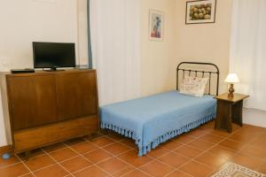 una camera con un piccolo letto e una TV di Polytropon Studio ground floor a Cefalonia