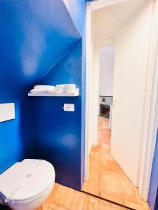ein Bad mit einem WC und einer blauen Wand in der Unterkunft Dimora Concept - Casa Saracena - Sea View, Terrace and Free Parking in Ranzi + 24 Fotos