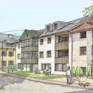 a drawing of a building with a man and a dog at Zin Park alpine suites and SPA in San Candido