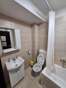 a bathroom with a toilet and a sink and a shower at Petit Blue in Dudu