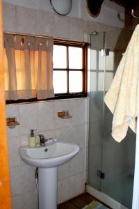 Un baño con lavabo y ducha en River Ridge Log Home - Inside Dinokeng Big 5, en Klipdrift 16 fotos más