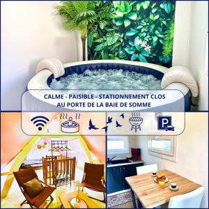 a collage of pictures of a restaurant with a jacuzzi tub with at Le Chant des Oiseaux-Campagne-SPA-Parking in Abbeville
