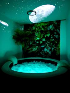 a jacuzzi tub in a dark room with a moon at Le Chant des Oiseaux-Campagne-SPA-Parking in Abbeville
