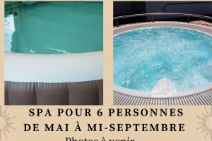 a hot tub with blue water and the words spa four reasons be mad at Le Gîte d’en Bas-St Valery à 15min-Équipement bébé in Quesnoy-le-Montant +46 photos