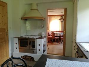 a kitchen with a stove and a dining room at Jägerkeusche in Unterpreitenegg