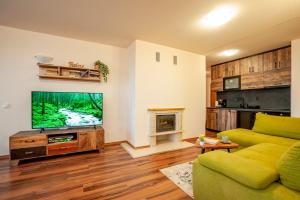 ein Wohnzimmer mit einem grünen Sofa und einem Flachbildfernseher in der Unterkunft GREEN STAR Grand Resort Pamporovo in Pamporowo