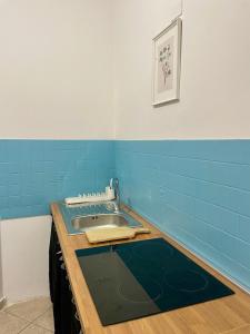 een keuken met een wastafel en blauwe tegels bij Carioca Aparthotel in Capua +18 foto's