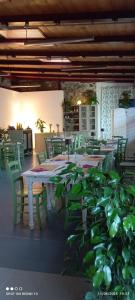 a dining room with tables and chairs and a plant at Batteria Chiodo rifugio escursionistico e culturale in Monte Marcello +26 photos