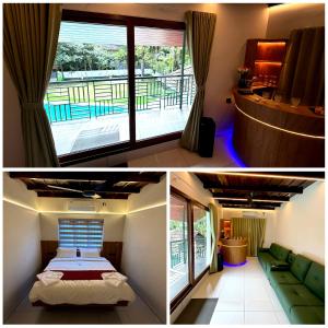 deux photos d'une chambre avec un lit et un balcon dans l'établissement Mangrove Heritage Home, Chendamangalam, à Cochin