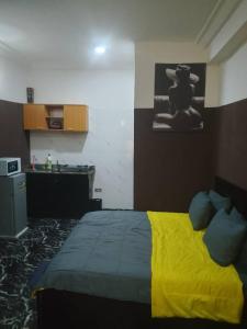 een slaapkamer met een bed met een gele deken bij Short Let Apartments in Lagos Business School Lekki Ajah in Lekki