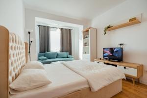 une chambre avec un lit, une télévision et un canapé dans l'établissement Ivory by Blvd 25B4 - Premium Studio with Garden View, à Bucarest