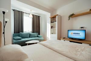 une chambre avec un lit, une télévision et un canapé dans l'établissement Ivory by Blvd 25B4 - Premium Studio with Garden View, à Bucarest