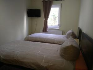 two beds in a bedroom with a window at Ferienwohnungen Beetzseeheide in Butzow