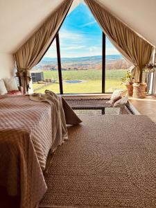 een slaapkamer met een bed en een groot raam bij Hill41 kotlina kłodzka domki z sauną in Kłodzko