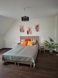a bedroom with a bed with colorful pillows at Apartamenty TUTERRA IV in Zabagnie